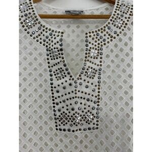 Mirror Image Cover Up Tunic Womens L White Eyelet Beaded‎ Split V-Neck Pullover